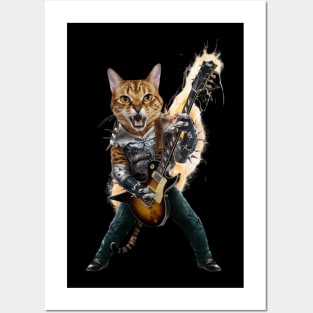 Cat Rock Bengal Funny Electric Guitar Punk Rocker Gift For Cat Mum Mom Dad Heavy Metal Kitten Cats Lover Posters and Art